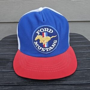 Vintage 70s Ford Mustang Racing Stripe Snapback Trucker Hat USA Embroidered RARE
